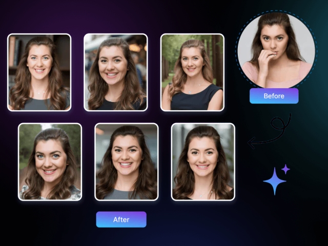 Before and after examples of AI headshots with different backgrounds and styles