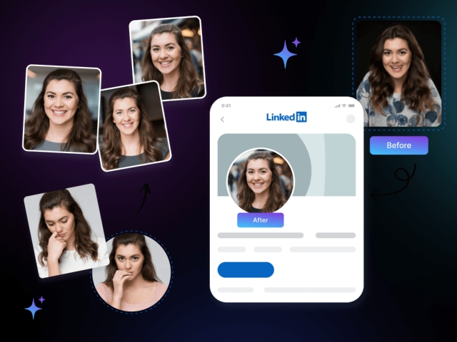 AI-generated headshots applied to LinkedIn profile mockups for corporate branding