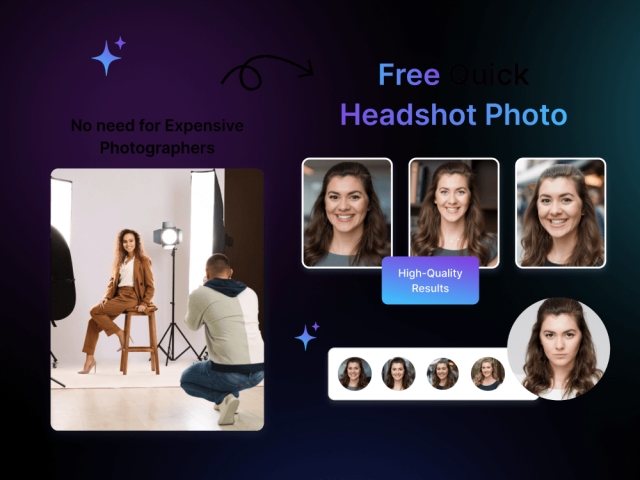 Comparison of traditional studio photography and AI-generated headshots showing quick, high-quality results
