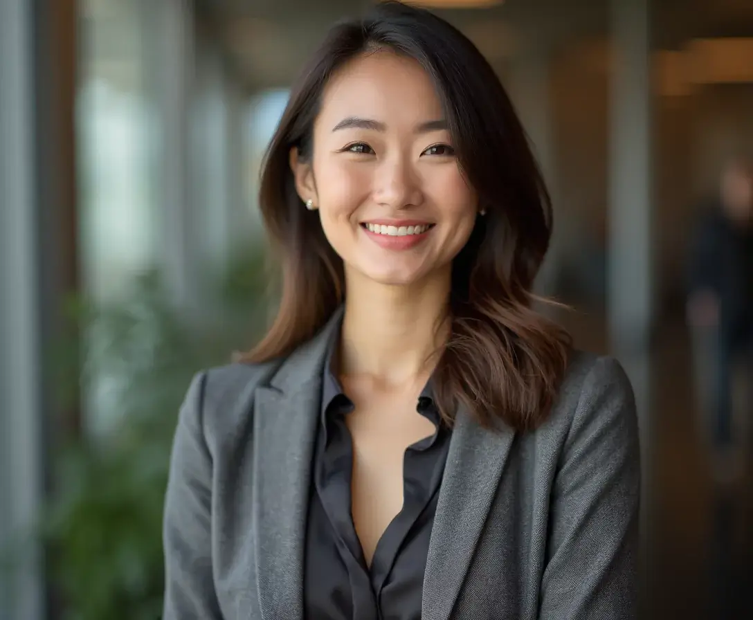 Professional linkedin headshot of a woman with blur office background