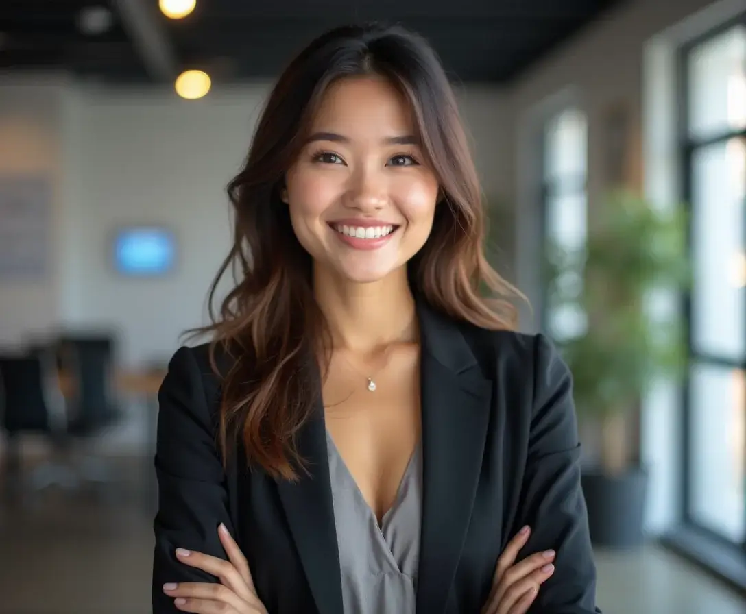 Linkedin headshot of a woman with blur office background