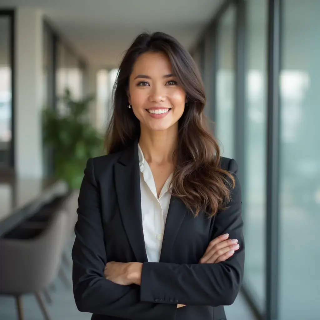 AI generated headshot of a marketing specialist with big windows background
