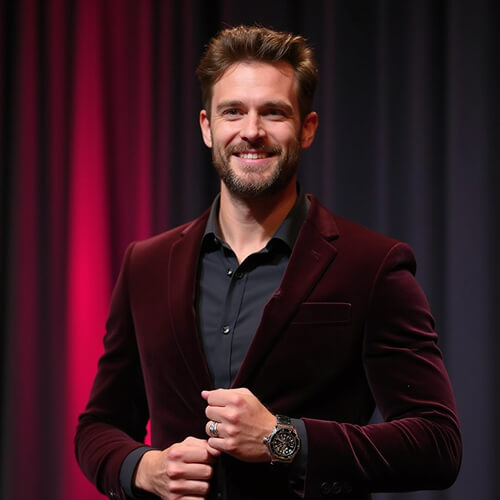 Pageant headshot of a man wearing a burgundy velvet blazer, smiling casually under soft lighting.