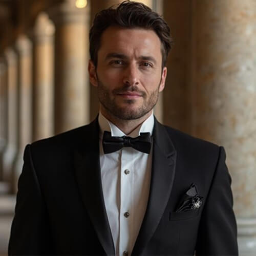 Pageant headshot of a man in a classic black tuxedo with a bow tie, standing confidently against architectural backdrop.