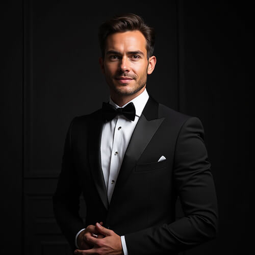 Pageant headshot of a man in a formal black tuxedo with a bow tie, standing in front of a dark background.