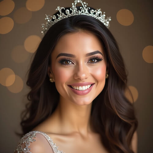 Pageant headshot of a woman wearing a crown and elegant earrings, smiling brightly with a soft bokeh background.