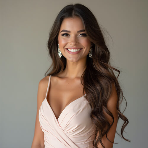 Pageant headshot of a woman in a soft pink gown, smiling gracefully with long hair and sparkling earrings.