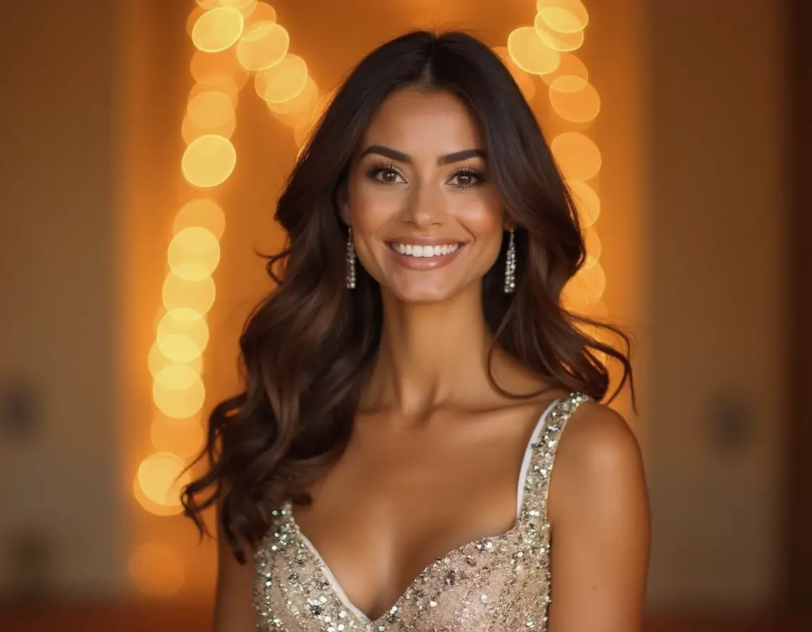 Pageant headshot of a woman with blurred lighting background