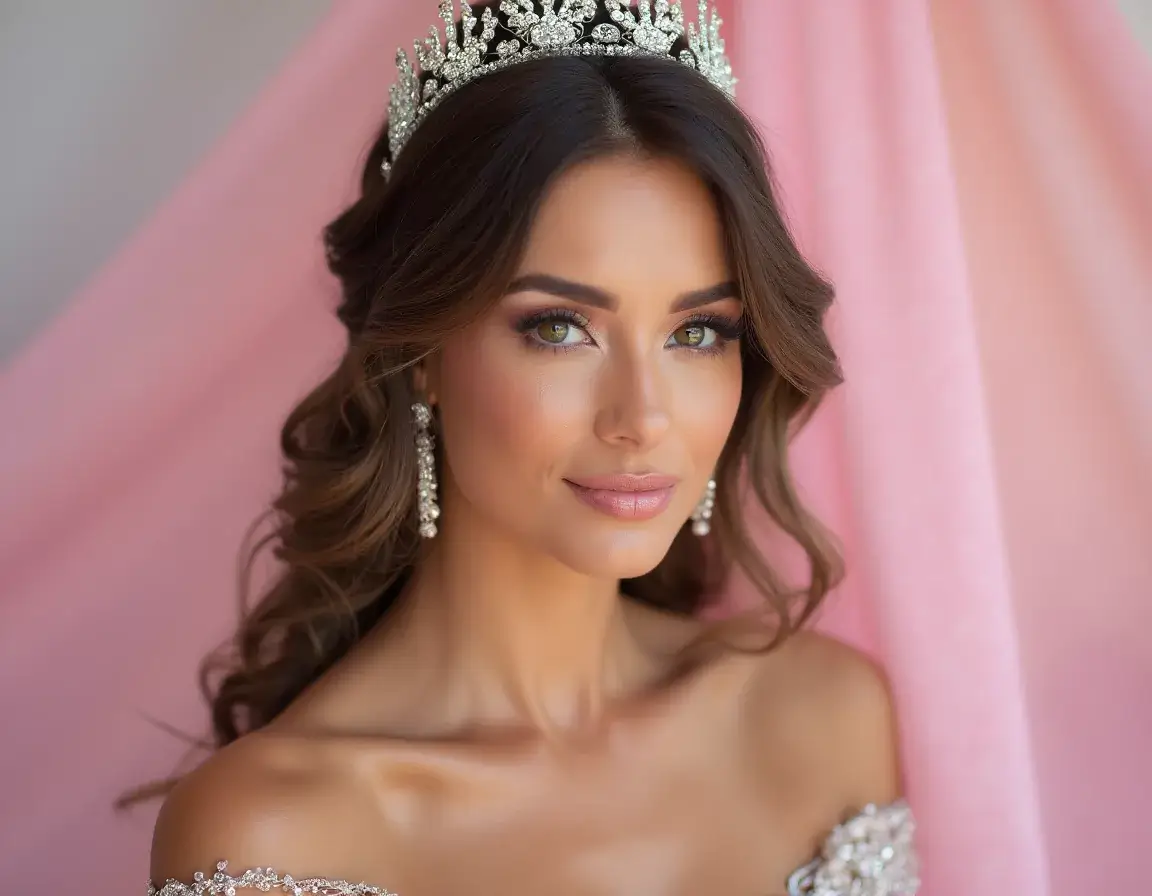 Pageant headshot of a woman wearing tiara with pink background