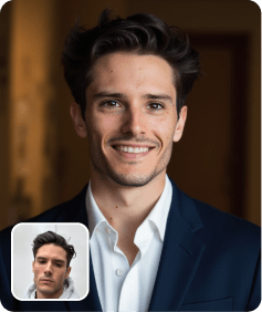 AI-generated professional headshot of a man in a dark blue suit, created from a selfie