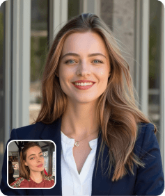 AI-generated professional headshot of a woman in a dark blue blazer, created from a selfie
