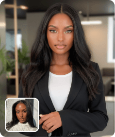 AI-generated professional headshot of a woman in a black blazer, created from a selfie