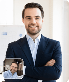 AI-generated professional headshot of a man in a dark blue suit jacket, created from a selfie