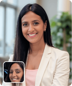 AI-generated professional headshot of a woman in a light beige blazer, created from a selfie