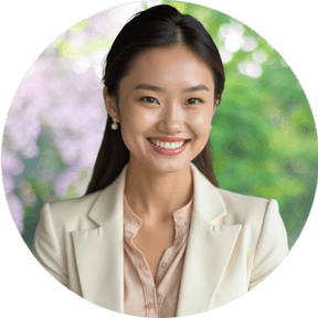 headshot of a woman wearing beige suit with a green background