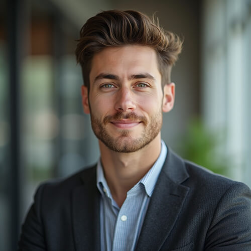 Smiling professional man with a blurred office background ideal for LinkedIn and personal branding.