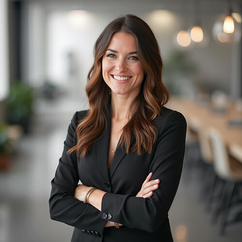 Professional woman with a blurred office background, representing the ideal setting for your headshot.