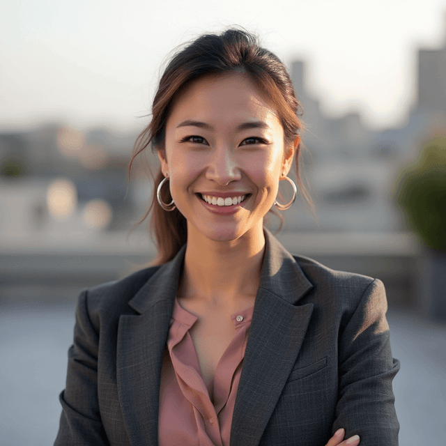 AI-generated headshot of a smiling woman in a grey blazer and pink blouse.