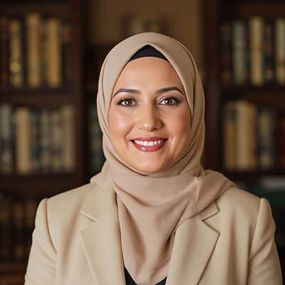 AI-generated headshot of a woman with medium-length dark hair wearing a beige hijab and a beige jacket, smiling in front of a bookshelf.