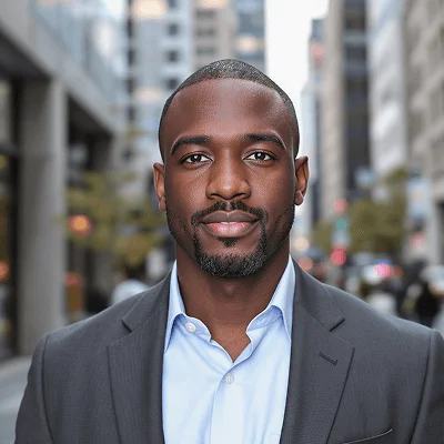 AI-generated headshot of a man with short dark hair and a beard, wearing a light gray suit, standing in front of a blurred city background.