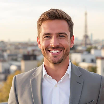 AI-generated headshot of a man with short blonde hair, wearing a gray suit and a white shirt, standing against a city skyline with the Eiffel Tower in the background.