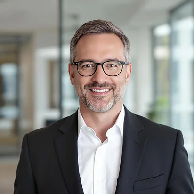 AI-generated headshot of a man with short gray hair and glasses, wearing a black suit and white shirt, smiling in an office environment.