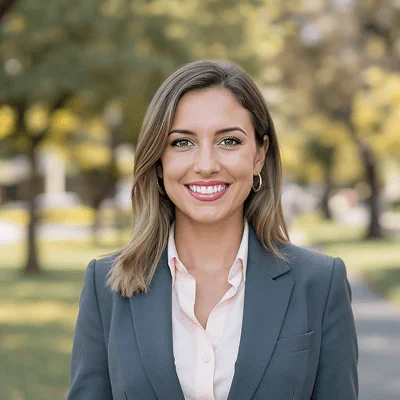 AI-generated headshot of a woman with shoulder-length brown hair, wearing a gray blazer and white blouse, smiling in a park-like outdoor setting.