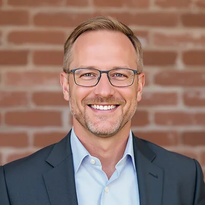 AI-generated headshot of a man with short blonde hair, wearing glasses and a blue suit, standing in front of a brick wall.
