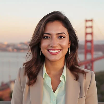 AI-generated headshot of a woman with long dark hair, wearing a beige blazer and green blouse, smiling with the Golden Gate Bridge in the background.