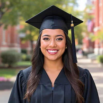 AI-generated headshot of a woman wearing a black graduation gown and cap, smiling confidently, with a blurred background of a university campus.