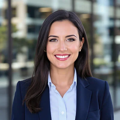AI-generated headshot of a woman with long dark hair, wearing a blue blazer and a white shirt, smiling against a modern office building backdrop.