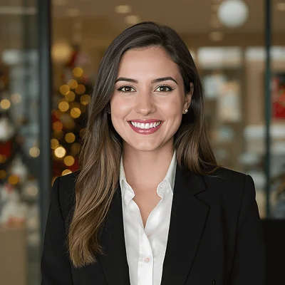 AI-generated headshot of a woman with long brown hair, wearing a black suit and white blouse, smiling in front of a blurred holiday-themed background.