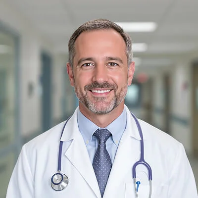 AI-generated headshot of a man with short gray hair and a beard, wearing a white doctor's coat with a stethoscope, standing in a hospital corridor.