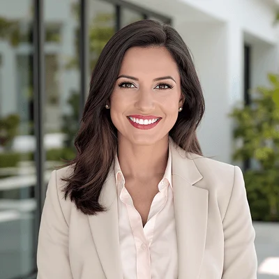 AI-generated headshot of a woman with long dark hair, wearing a beige blazer and white blouse, smiling in a modern office environment.