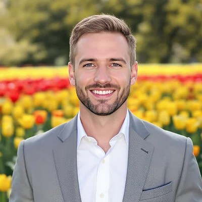 AI-generated headshot of a man with short blonde hair and a beard, wearing a gray suit, smiling in front of a vibrant flower field.