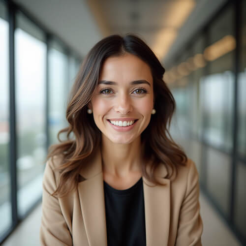 Professional AI headshot of a woman with long wavy brown hair wearing a light brown blazer over black top, smiling brightly against blurred modern office hallway background.