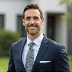Professional headshot of a man in dark blue suit with tie