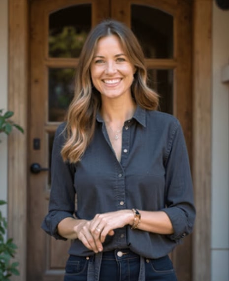 AI-generated professional headshot of a woman with long straight brown hair in a dark grey button-up shirt