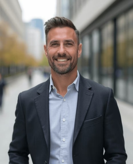 AI-generated professional headshot of a man with short dark hair and a neatly trimmed beard in a light blue collared shirt and dark blazer