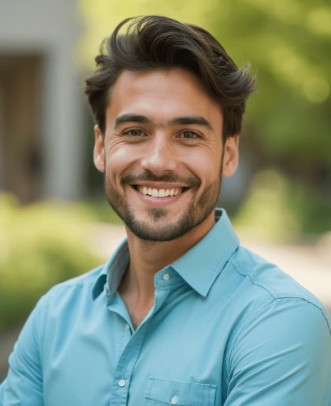 AI-generated professional headshot of a man with short dark curly hair and a beard in a light blue collared shirt