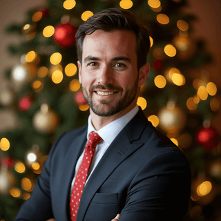 AI generated Christmas Office headshot of a man standing in front of christmas tree with warm lighting