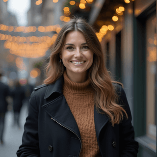 AI generated Christmas Office headshot of a woman standing on street decorated with holiday lights