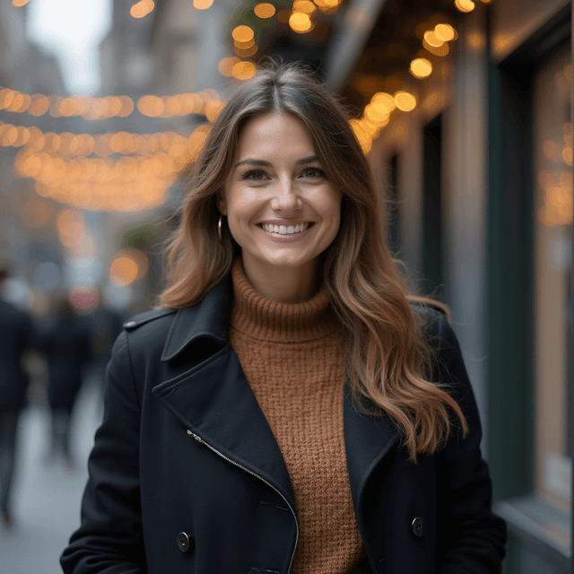 AI generated Christmas Office headshot of a woman standing on street decorated with holiday lights