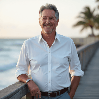 AI generated outdoor headshot of a man leaning on railing with waterfront background