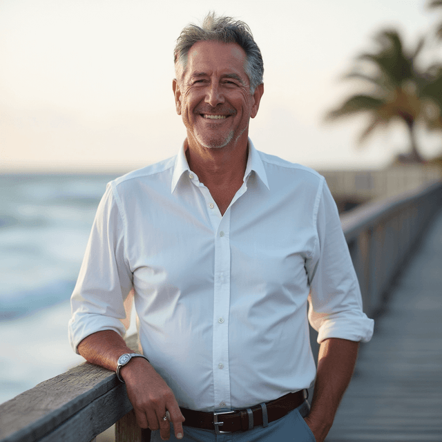 AI generated outdoor headshot of a man leaning on railing with waterfront background