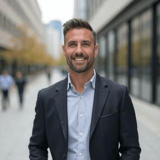 AI generated outdoor headshot of a male with blur city background