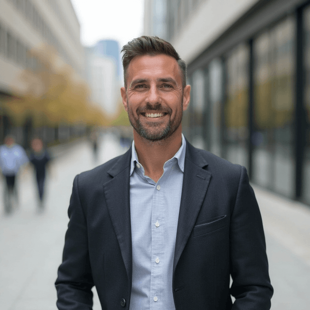 AI generated outdoor headshot of a male with blur city background