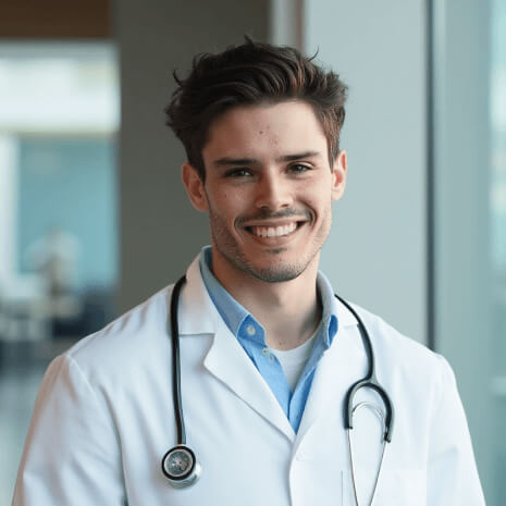 AI-generated professional headshot of a doctor in white coat