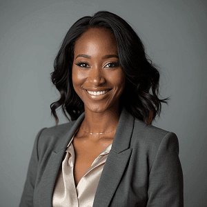 AI generated corporate headshot of a black woman in grey blazer