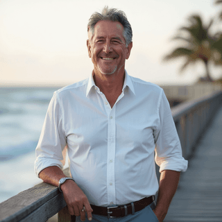 AI generated outdoor headshot of a man leaning on railing with waterfront background